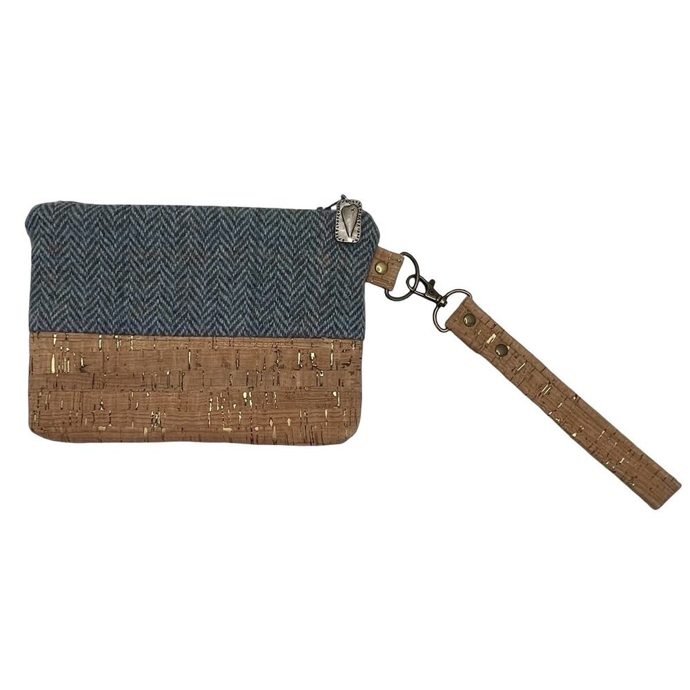 Harris Tweed Blue Herringbone Wristlet – Gold Cork Accent – Artisan Wool